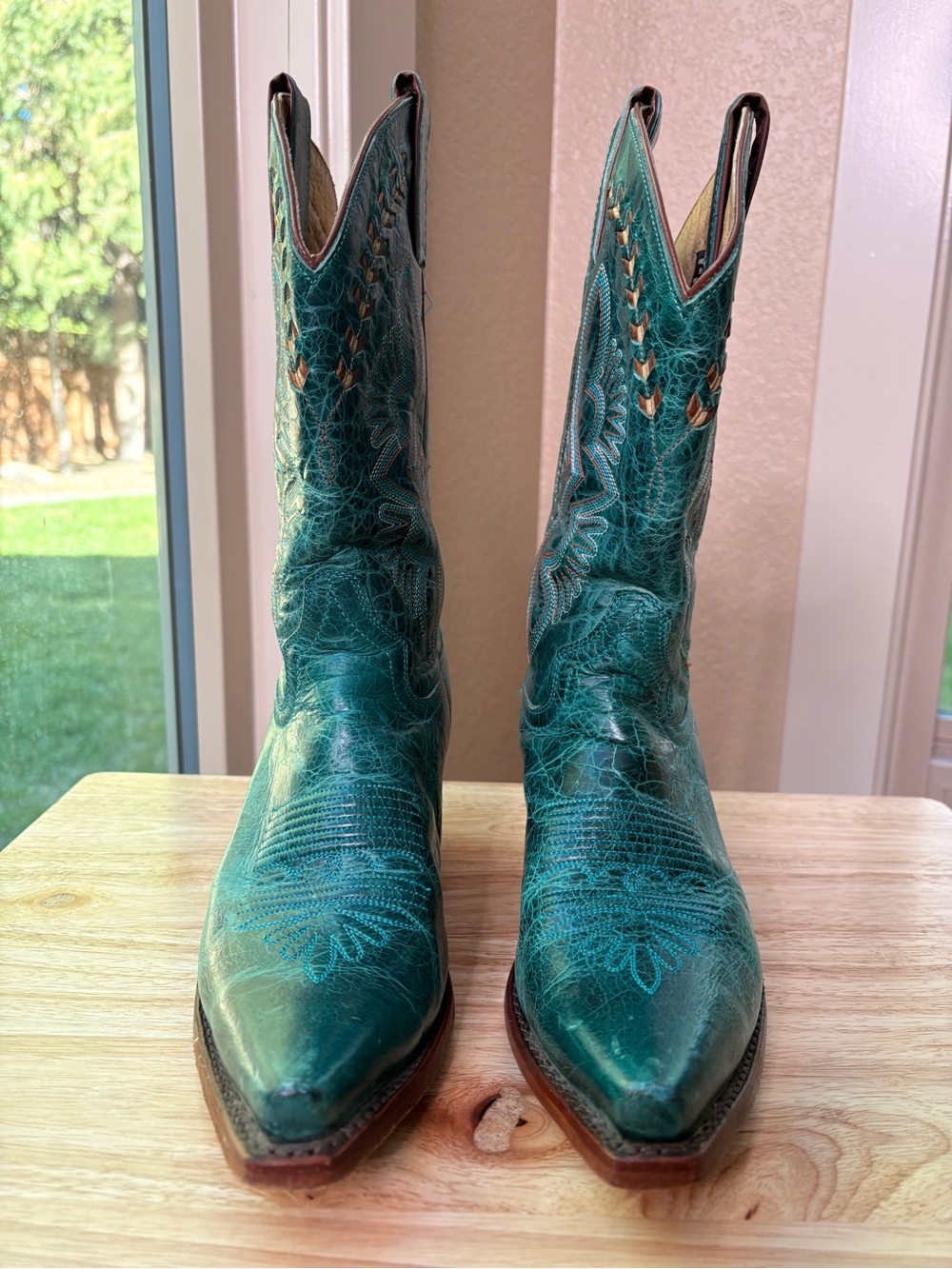 Justin Damiana Turquoise Leather Cowboy Boots Womens 8B Snip Toe Western - Picture 5 of 12